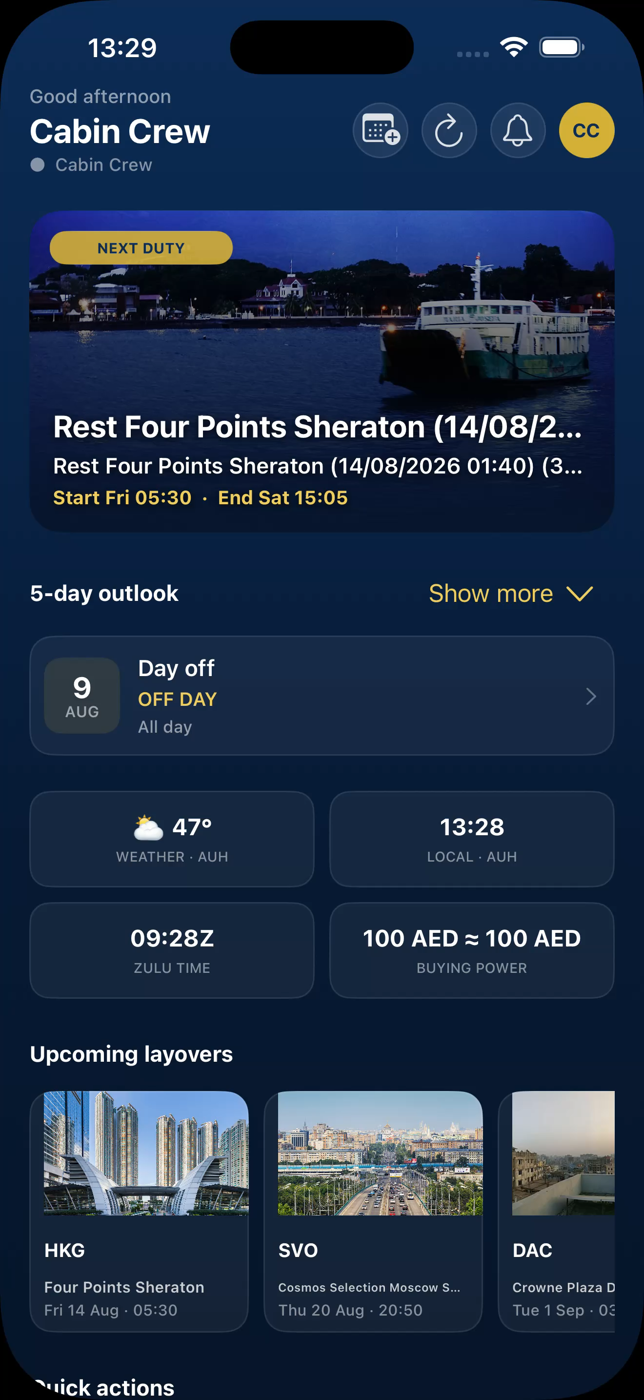 Avily dashboard showing a crew member's next duty, schedule, and upcoming layovers