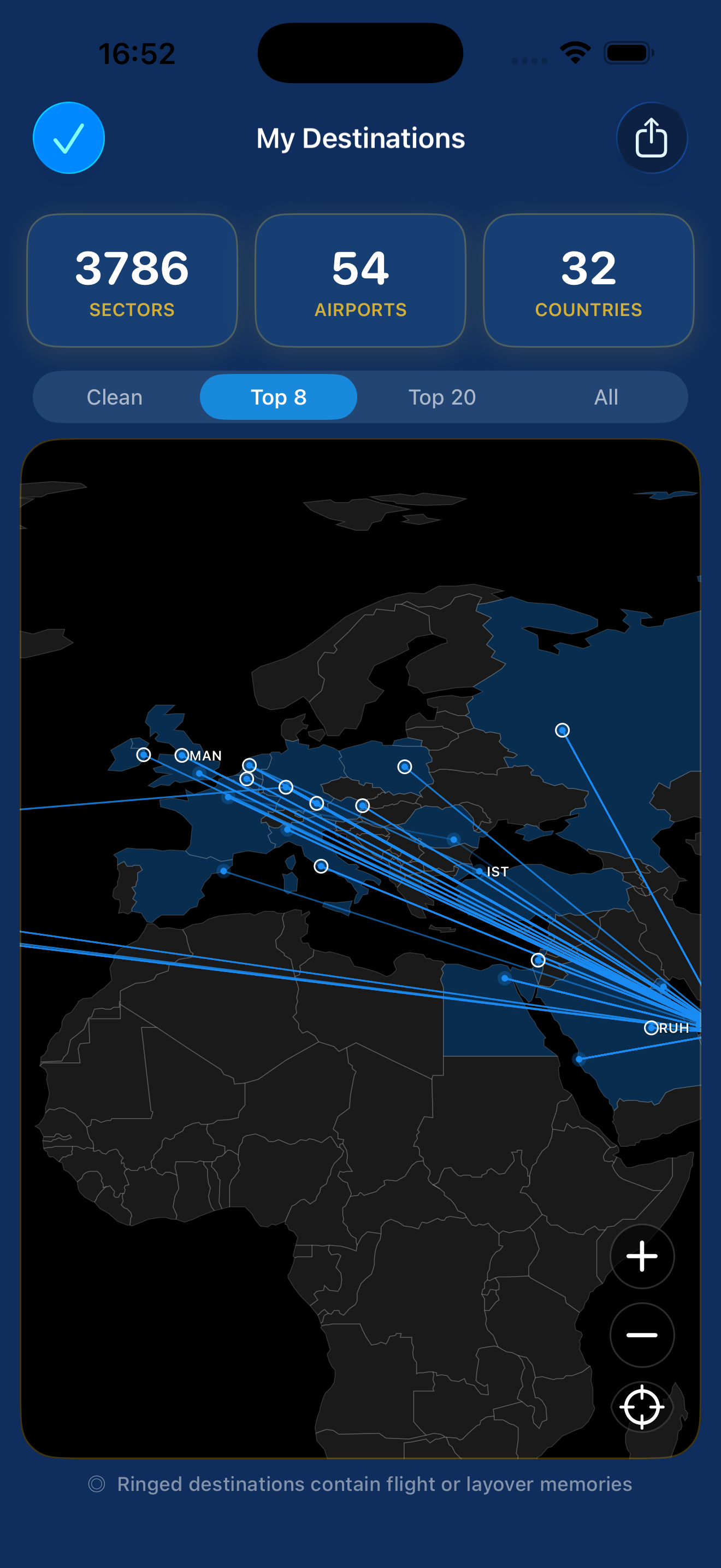 A world map of layover memories in Avily